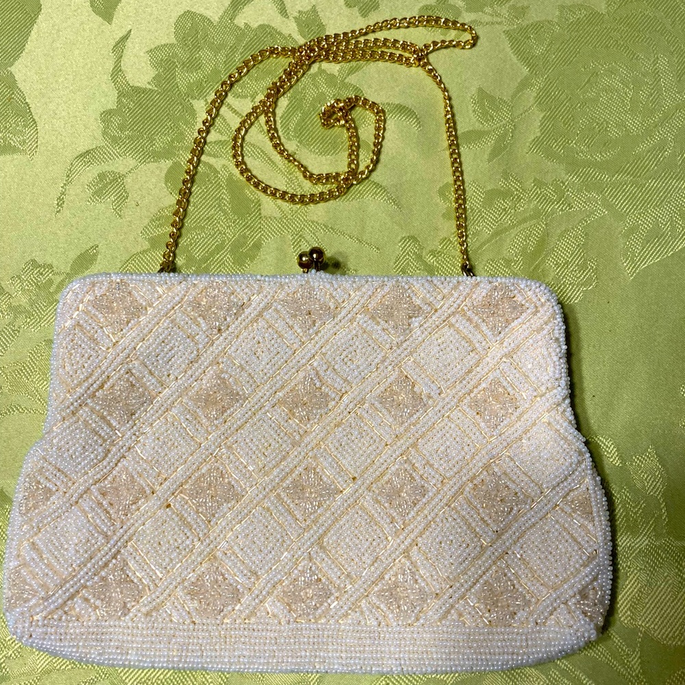 Vintage white/pearl beaded purse with gold chain strap